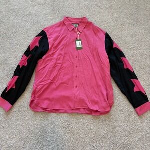 Denim Tears Button Up Shirt Mens L Pink Star Sleeve Lined Eclectic Funky Retro